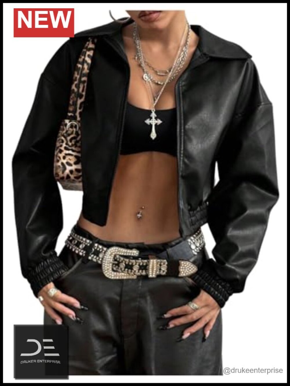 Faux PU Leather Crop Moto Jacket Zip Up Drop Shoulder Streetwear Y2K